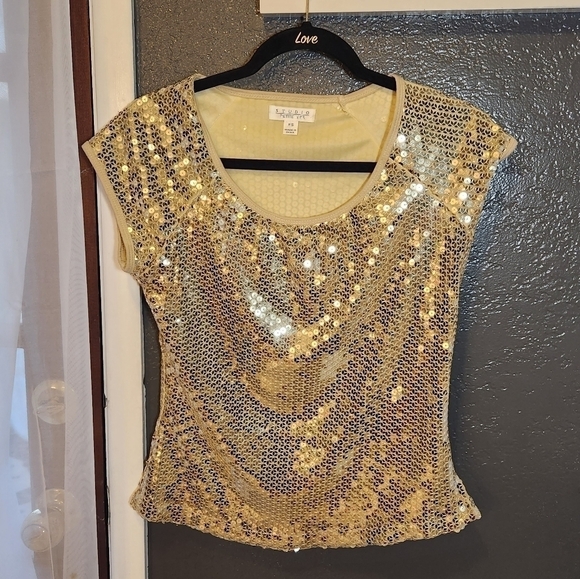STUDIO petite JPR Gold Sequin Cap Sleeve Top size PM - Picture 1 of 10